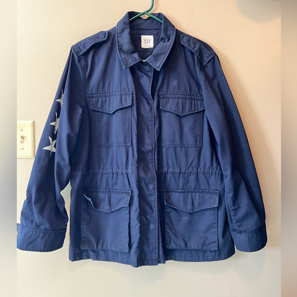 Gap military style utility coat in a L with strips on back and stars to sleeves
